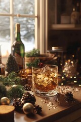 Festive composition of Christmas decorations, cocktail, pine tree and candles on table, perfect for holiday projects.