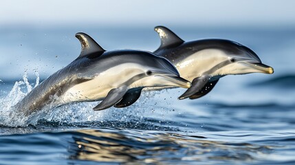 Two dolphins leap gracefully from the ocean's surface, creating splashes in a serene aquatic environment.