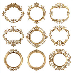 circle and flower shaped gold vintage luxury frames set on white background