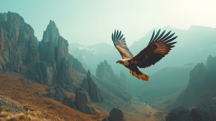 Obraz premium A majestic eagle soars above rugged mountains, showcasing its powerful wings and the stunning natural landscape beneath it.