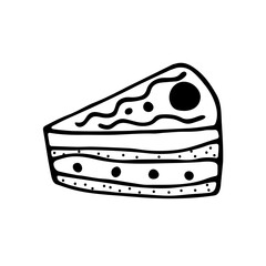 A cute hand-drawn slice of cake, a black and white piece of cake icon, a pastry doodle