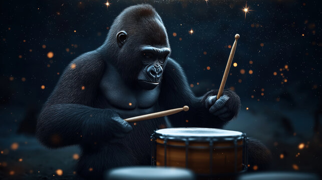 Gorilla playing a drum with drumsticks under a starry night sky, creating an imaginative scene with glowing particles.