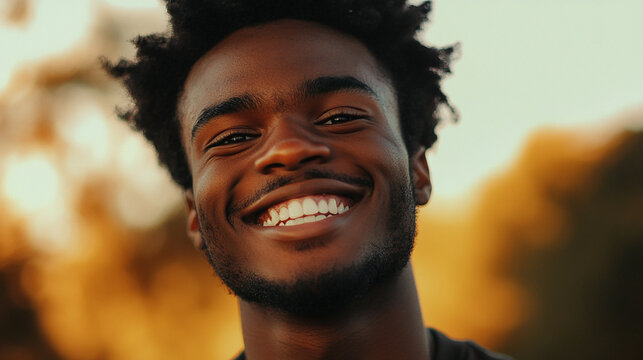 Black person with a radiant smile exudes cheerful vibes