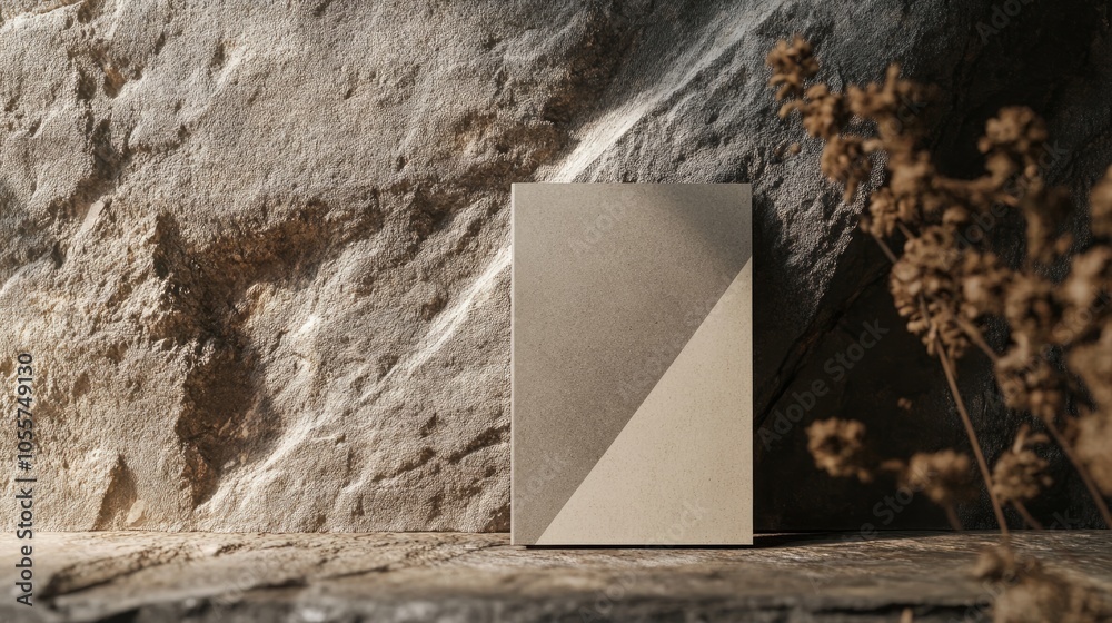 Aufkleber a contemporary standing brochure mockup featuring a geometric design rests against a textured stone 