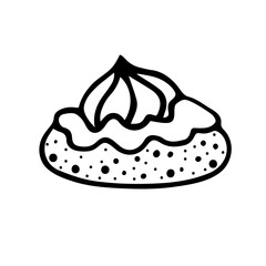 A pastry outline illustration, a sweet food hand-drawn icon,  a cake doodle in black and white
