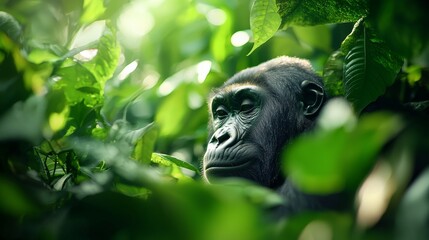 A close-up of a contemplative gorilla amidst lush green foliage, illuminated by soft sunlight, showcasing its expressive features.