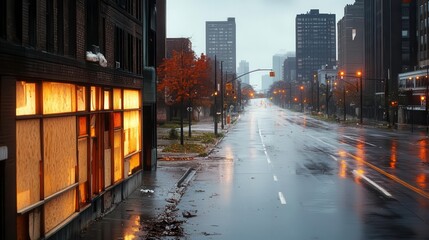 Abandoned city street, rain-soaked pavement, gloomy atmosphere, empty urban landscape.