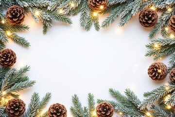 Festive christmas frame with pine cones and lights for holiday decorations and invitations