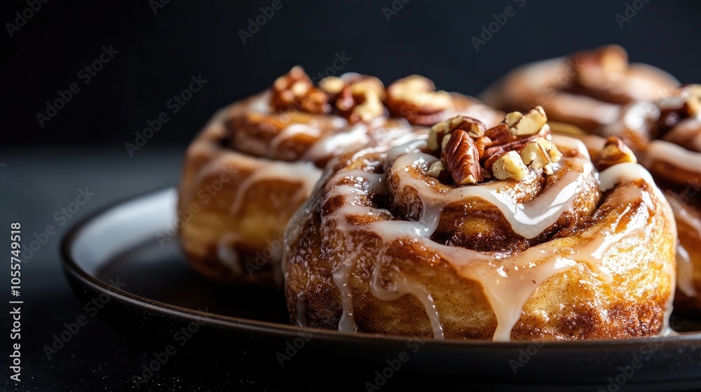 Poster cinnamon buns drizzled with glaze garnished with nuts presented on a dark plate against a contrastin
