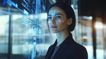 A woman interacts with digital data on a transparent screen in a modern environment.