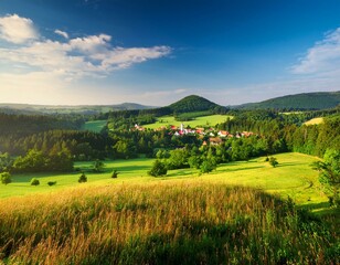 Obraz premium A beautiful green mountainous landscape with many trees under a bright sky