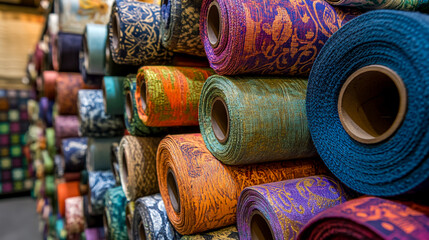 Colorful and vibrant rolls of fabric neatly stacked in a store, showcasing a variety of textures and patterns, with rich, eye-catching hues and detailed fabric weaves.