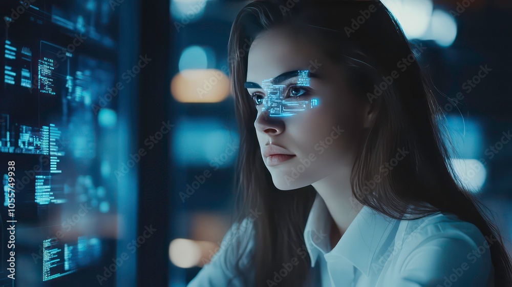 Poster a woman interacts with digital data on a futuristic interface, showcasing technology and focus.