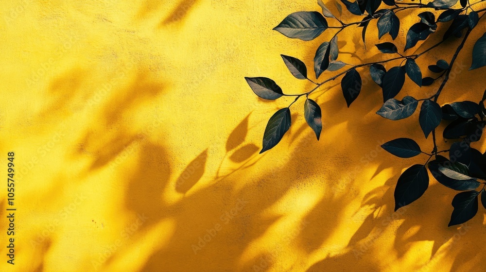 Poster leaf shadows cast on a vibrant yellow concrete wall texture an abstract trendy nature inspired backg