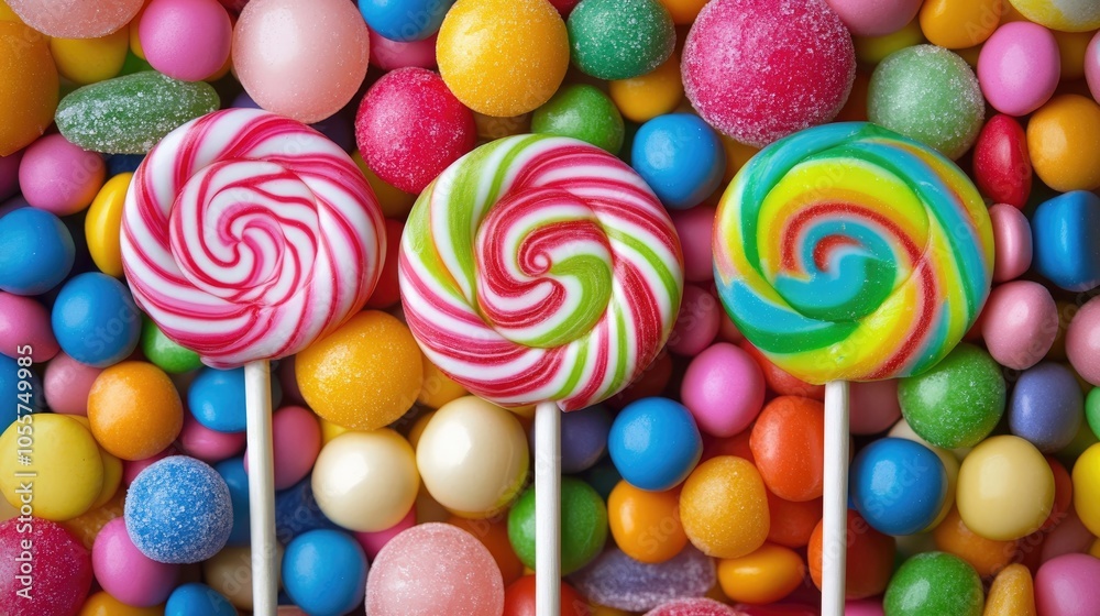 Poster three vibrant lollipops alongside a heap of assorted colorful candies