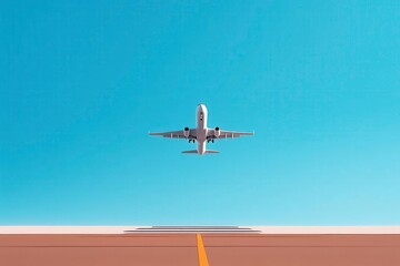 Airplane taking off against a clear blue sky, dynamic flight scene.