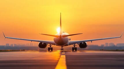 Fototapeta premium Airplane takeoff at sunset, dynamic sky with orange and yellow hues, silhouette effect.