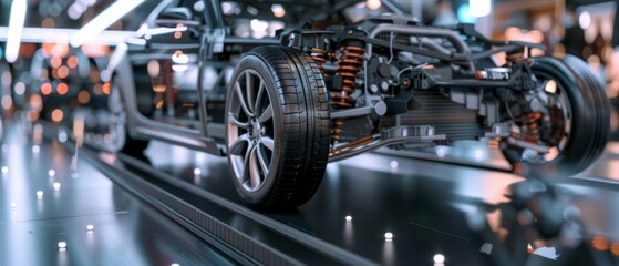 Fototapeta premium The chassis of an intricately designed model car, exposed in a modern showroom, displays impressive detail and engineering prowess.
