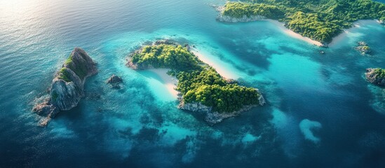 Fototapeta premium Aerial view of a small island in the middle of a turquoise ocean with a sandy beach.