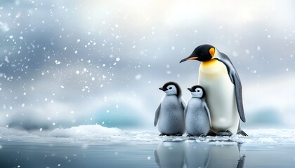 Obraz premium A mother penguin stands protectively over her two fluffy chicks in a snowy, serene landscape.