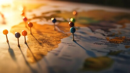 Close-up of map pins on a world map with sunlight, highlighting travel destinations.