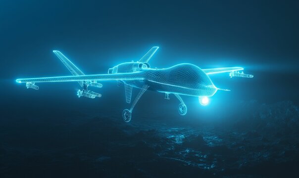 Wireframe drone flying over a blue surface.