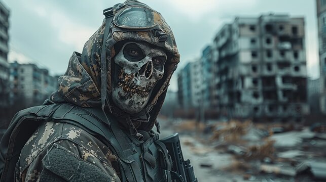 Scary zombie in military gear, apocalyptic city background.