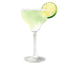 Cocktail margarita with lime slice. Watercolor painting, illustration isolated on transparent white background. For design, posters, cards, postcards
