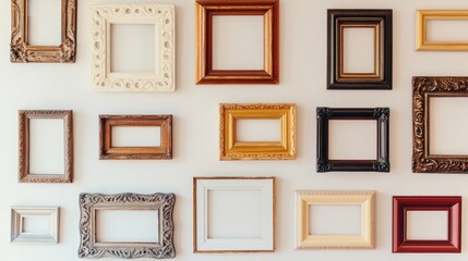 An assortment of decorative vintage picture frames in different shapes and sizes showcased on a light colored wall forming a unique gallery display
