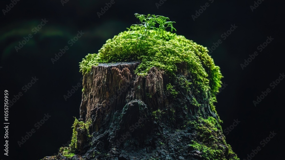 Poster front view of a moss covered tree stump against a dark background