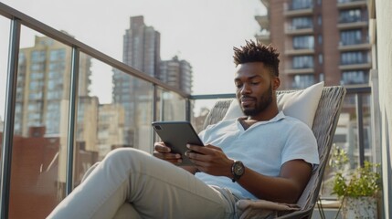 Obraz premium A person sits comfortably on a balcony chair, focusing intently on a tablet. The backdrop features a bustling city skyline, highlighting the urban setting. The atmosphere is vibrant and relaxed.