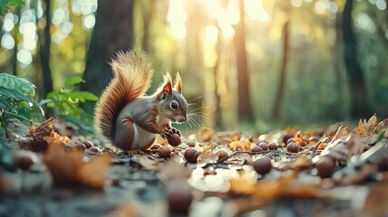 A curious squirrel forages for acorns amidst autumn leaves, basking in golden sunlight filtering through the trees in a serene forest setting.