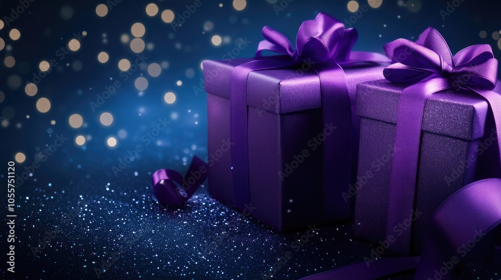 Poster elegant purple gift boxes adorned with violet ribbon bows set against a dark blue backdrop featuring