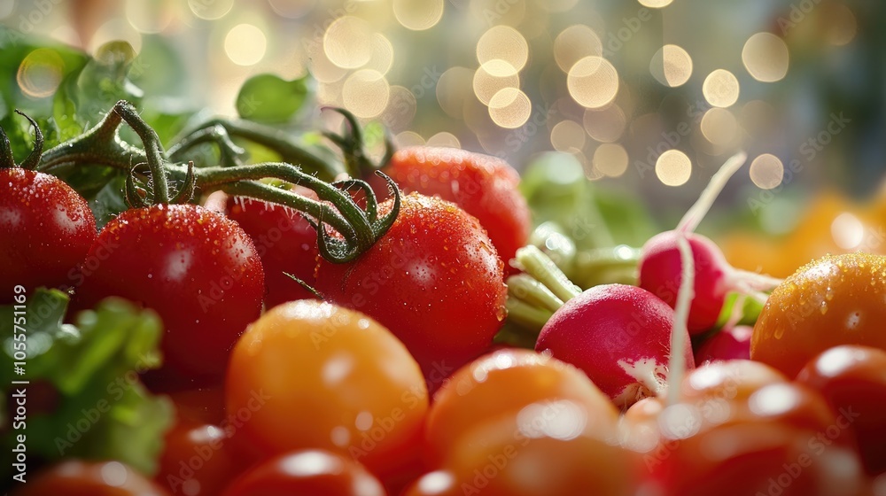 Poster close up of fresh tomatoes peppers and radishes featuring a bokeh light effect a vibrant and healthy