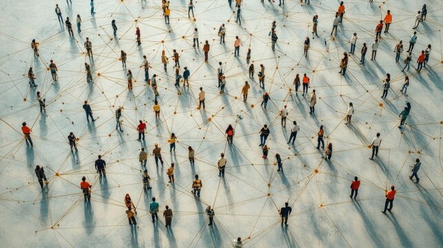 Aerial view of a crowd interconnected by lines on a surface.