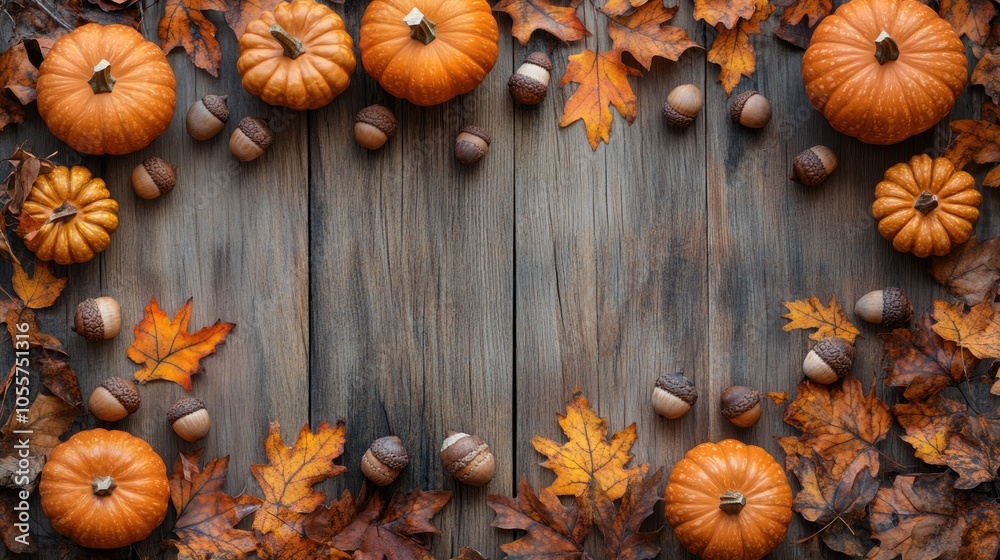 Poster autumn themed backdrop featuring pumpkins acorns and leaves arranged on a rustic wooden tabletop fro