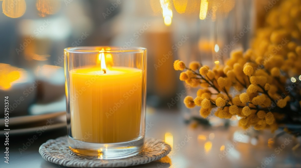 Poster close up of a decorative aroma candle placed on a table alongside mimosa creating an inviting and se