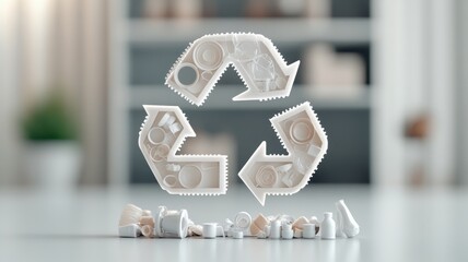 A 3D recycling symbol made of white materials stands on a surface, surrounded by various recyclable items, promoting sustainability and eco-friendliness.