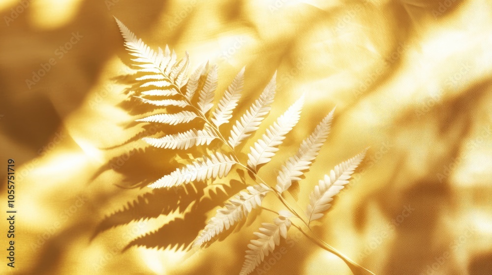 Aufkleber White fern leaf casting shadow design element on a golden backdrop illuminated by sunlight featuring ample copy space