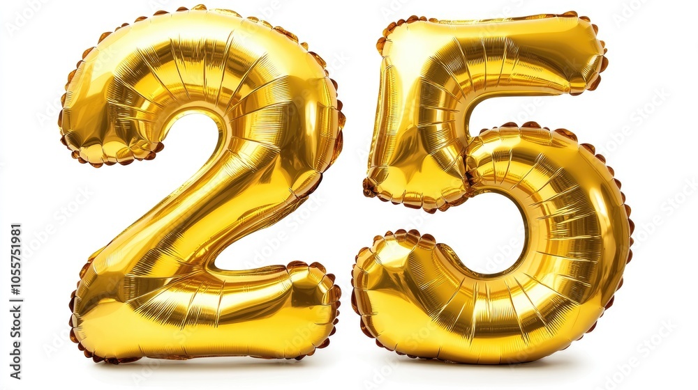 Poster golden inflatable balloons shaped as the number 25 isolated on a white background ideal for party de