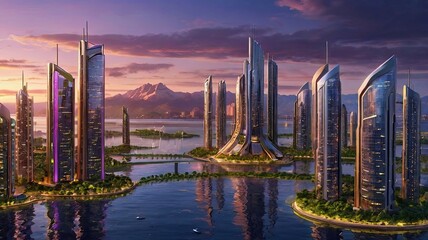 Obraz premium Futuristic City of the Future at Sunset: High Technology and Architectural Inspiration