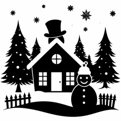 Christmas Cottage Farm SNOWMAN Black silhouette