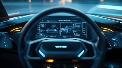 Interior view of a modern car dashboard showcasing digital displays and controls.