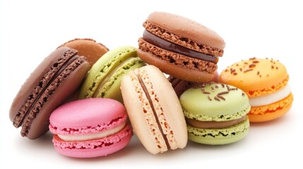 Obraz premium Colorful and delightful macarons on a white background showcasing a tempting dessert treat