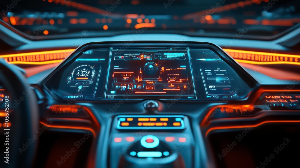 Poster Futuristic dashboard with glowing interfaces and controls for advanced technology.
