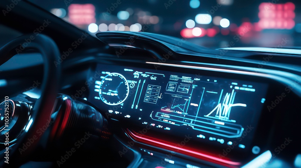 Poster A close-up view of a modern car dashboard displaying digital metrics and information.