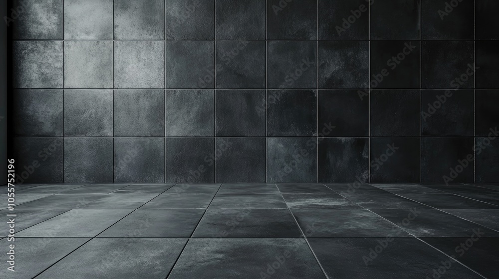 Aufkleber Dark gray anthracite concrete tiles on a stone wall and floor in an empty 3D studio creating an interior texture ideal for product display with a square wall background