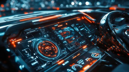 A futuristic car dashboard with glowing controls and displays.