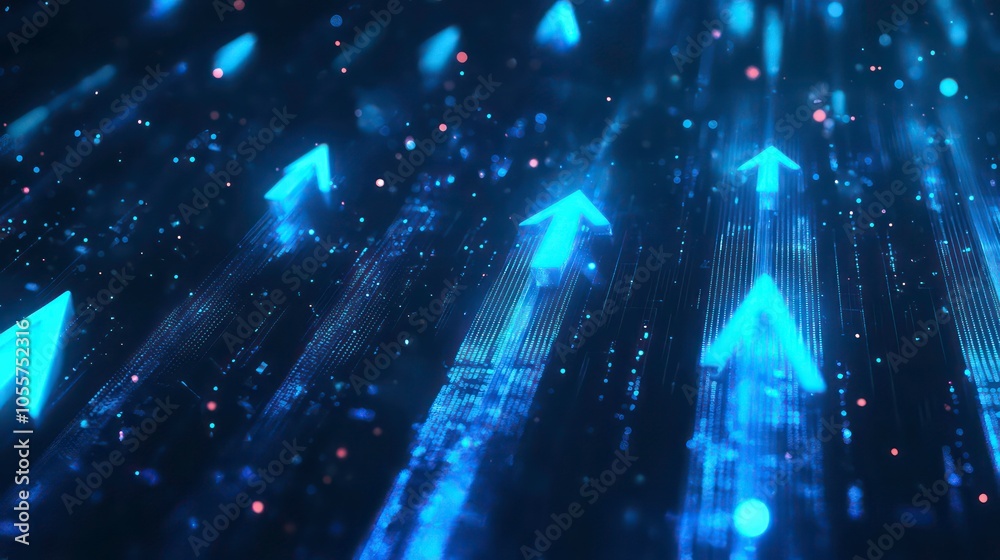 Poster A digital abstract design featuring upward arrows and particles, symbolizing progress and growth.