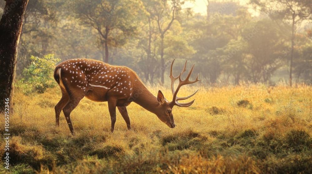 Poster sambar deer with antlers grazing in a lush grassland setting